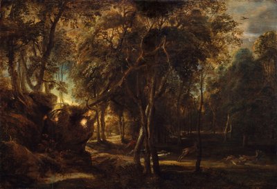 Een bos bij zonsopgang met een hertenjacht door Peter Paul Rubens