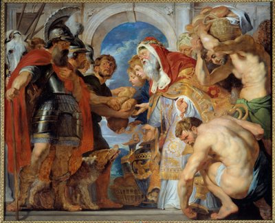 Abraham en Melchisedech. Terugkerend van een overwinning ontmoette Abraham Melchisedech, koning van Salem, die hem brood en wijn bracht. Hij was een priester en sprak deze zegen uit: door Peter Paul Rubens