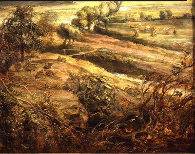 Een herfstlandschap met uitzicht op Het Steen in de vroege ochtend, ca. 1636 (olieverf op paneel) (detail) door Peter Paul Rubens