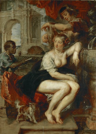 Bathseba bij de put, een jongen brengt de brief van koning David (schilderij op eikenhout) door Peter Paul Rubens