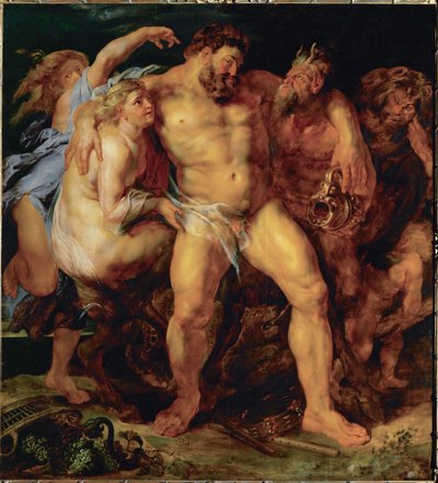 Hercules, dronken, geleid door een nimf en een sater, ca.1612-14 (schilderij op eikenhout) door Peter Paul Rubens