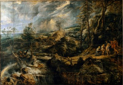 Landschap van Tempete met de Oude Phrygiërs Philemon en Baucis door Peter Paul Rubens