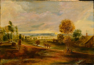 Landschap met Boerderijgebouwen bij Zonsondergang, 1600-1640 door Peter Paul Rubens