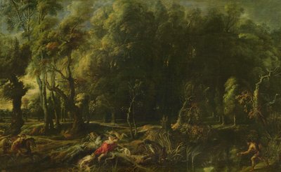 Landschap met de jacht op het Calydonische everzwijn door Peter Paul Rubens
