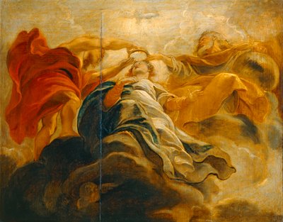 De kroning van de Maagd Maria door God de Vader en Jezus Christus (schilderij op hout) door Peter Paul Rubens