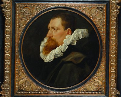 Portret van een heer, klein buste lengte, met een witte kraag en grijze mantel door Peter Paul Rubens
