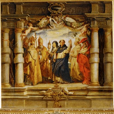 Sint Clara tussen priesters en kerkvaders (schilderij) door Peter Paul Rubens