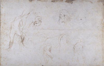 Studies van een mannelijk figuur vastgebonden aan een boom en van twee mannelijke hoofden, c.1601 door Peter Paul Rubens
