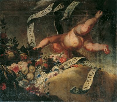 Putto met Bloemen, Vruchten en Spreukband door Peter Strudel
