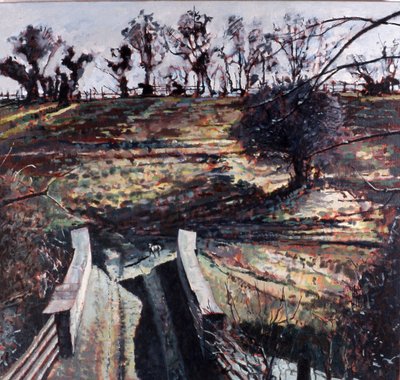 Brug en hond, 2000 (olieverf op doek) door Peter Wilson