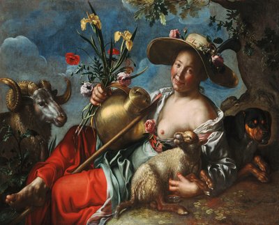 Een herderin liggend met een konijn, een hond en een ram door Peter Wtewael
