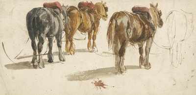 Drie Trekpaarden in Sporen, Achteraanzicht door Peter de (attr.) Wint
