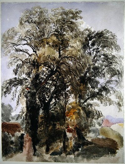 Bomen met boerderijgebouwen in de verte door Peter de Wint