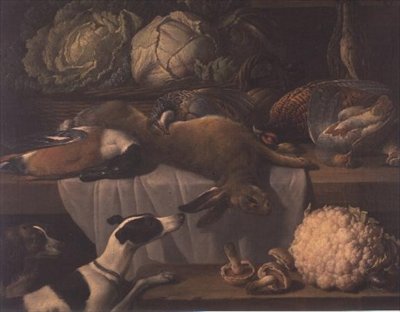 Dood wild en groenten in een voorraadkamer door Peter van Boeckel