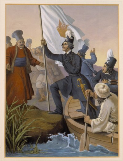 Alexandros Ypsilantis steekt de Prouthos rivier over, februari 1821 door Peter von Hess