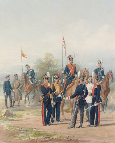 Een groep officieren en soldaten van de Life Guard Lancer Regimenten van Zijne en Hare Majesteiten door Petr Balashov