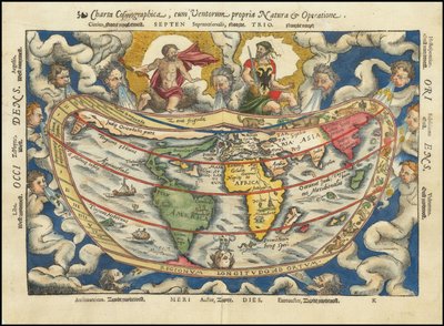 1553 kaart - Charta Cosmographica, Cum Ventorum Propria Natura et Operatione door Petrus Apianus