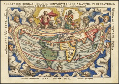 1553 wereldkaart - Charta Cosmographica, Cum Ventorum Propria Natura et Operatione door Petrus Apianus