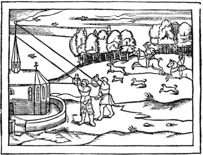 Gebruik van astrolabia om de hoogte van een torenspits te berekenen, 1539 door Petrus Apianus