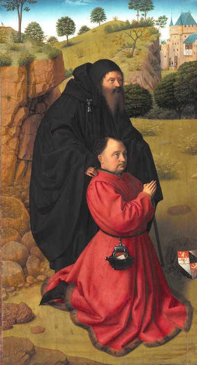Altaarpaneel met een portret van een schenker in scharlaken onder de bescherming van St. Antonius door Petrus I Christus