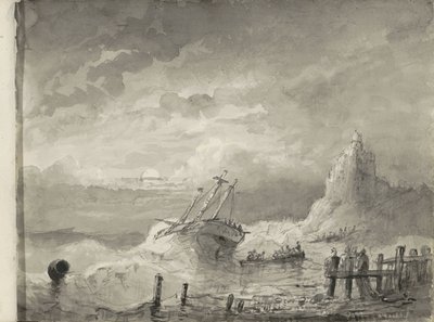 Schip in nood voor een kust door Petrus Johannes Schotel (circle of)