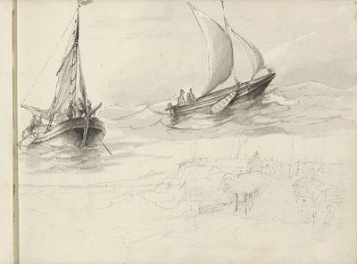 Twee zeilschepen met figuren op zee door Petrus Johannes Schotel (circle of)