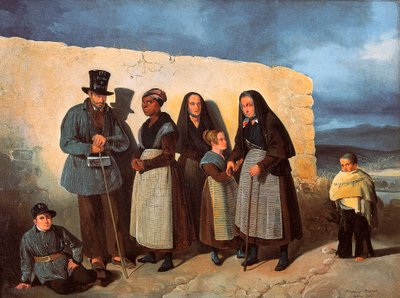De armen van het San Bernardino (Sint Bernardus) hospice in Madrid warmen zich in de zon door Pharamond Blanchard