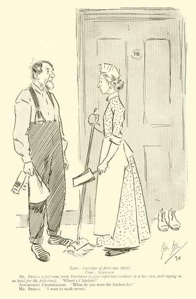 Cartoon door Phil May, uit de jaren 1890 (litho) door Phil May