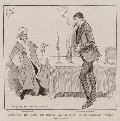 Scène uit de klucht, De inbreker en de rechter, in het Haymarket Theatre door Phil May