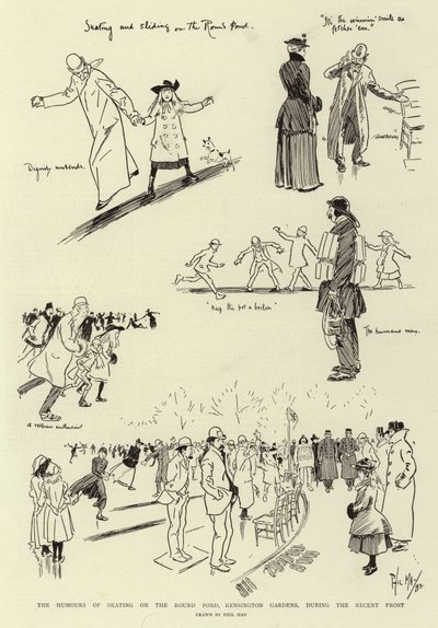 De humor van schaatsen op de Round Pond, Kensington Gardens, tijdens de recente vorst door Phil May