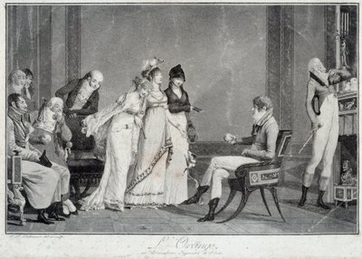 De sinaasappel of het moderne oordeel van Parijs Parodie op het oordeel van Parijs met een jonge man in de mode van het Directoire (Incredible) die moet kiezen tussen drie Wonderbaarlijke. Prenten door Philibert Louis Debucourt (1755-1832) rond 1800 door Philibert Louis Debucourt