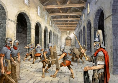 Romeinse infanterie oefent gevechten, 3e eeuw, ca. 1990-2010 door Philip Corke