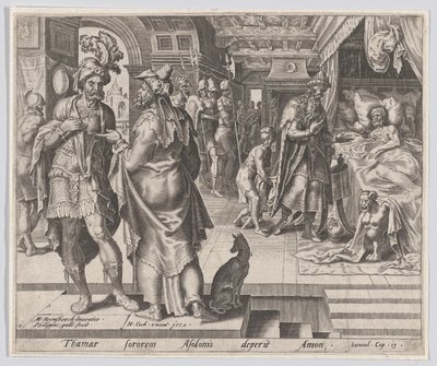 Jonadab adviseert Amnon, uit Het verhaal van Tamar en Amnon, plaat 1 door Philip Galle