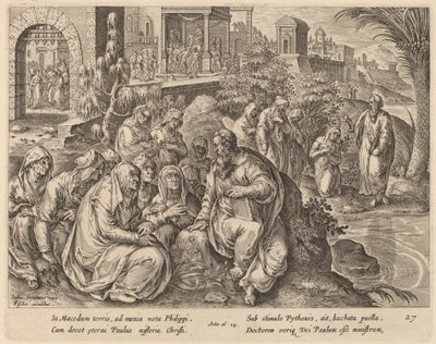 Sint Paulus spreekt tot de vrouwen van Filippi bij een rivier door Philip Galle after Jan van der Straet