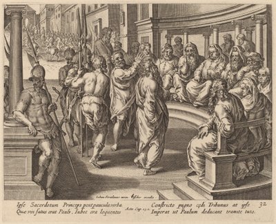 Sint Paulus voor de hogepriester door Philip Galle after Jan van der Straet
