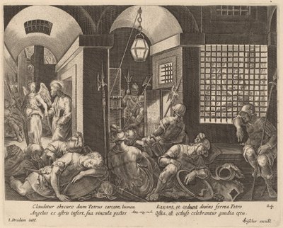 Sint Petrus Bevrijd uit de Gevangenis door een Engel door Philip Galle after Jan van der Straet