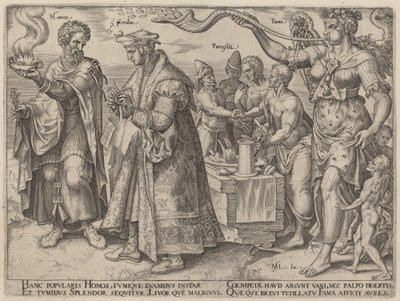 Eer, pracht, Parasiti, Fama (De bedrieglijke effecten van rijkdom) door Philip Galle, after Maerten van Heemskerck