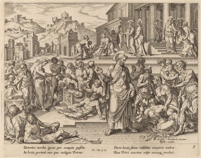 Sint Petrus geneest de zieken met zijn schaduw door Philip Galle after Maerten van Heemskerck