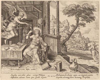 De engel beveelt Sint Filippus de Ethiopische eunuch te vergezellen door Philip Galle after Maerten van Heemskerck