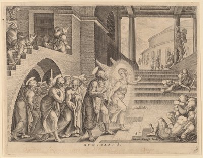 De Apostelen Bevrijd uit de Gevangenis door een Engel door Philip Galle after Maerten van Heemskerck