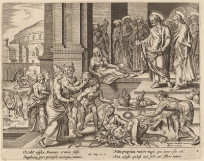 De Dood van Ananias en Saffira door Philip Galle after Maerten van Heemskerck