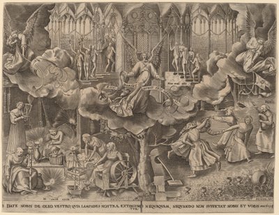 De gelijkenis van de wijze en dwaze maagden door Philip Galle after Pieter Bruegel the Elder