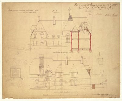 Elevaties voor The Red House, Bexley Heath door Philip Webb
