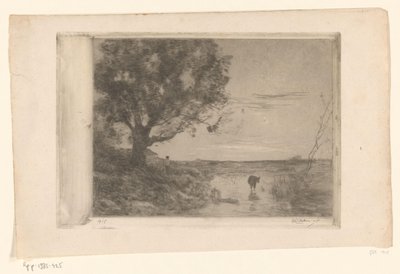 Landschap met kalf in het water en man onder een boom door Philip Zilcken (signed by artist)