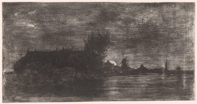 Landschap met huizen en molen aan het water door Philip Zilcken
