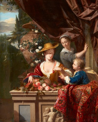 Elegante figuren op een terras met een schaal met diverse fruit door Philip van Dyck