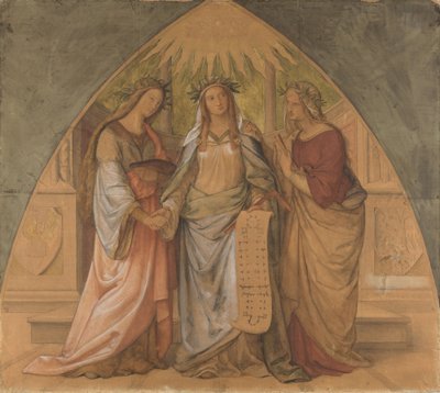 Allegorische figuren van de architectuur, beeldhouwkunst en schilderkunst door Philipp Veit