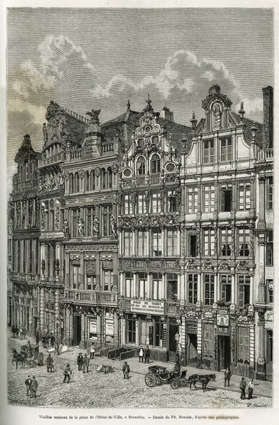 Oude huizen op het stadhuisplein in Brussel. Gravure door Ph. Benoist, ter illustratie van het verhaal van België door Camille Lemonnier, gepubliceerd in de tour du monde, onder leiding van Edouard Charton (1807-1890), Parijs door Philippe Benoist