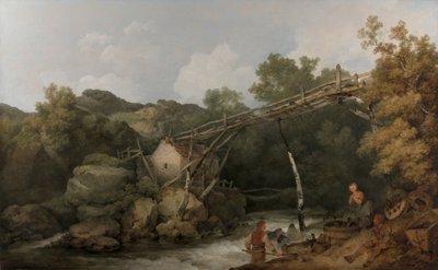 Een uitzicht nabij Matlock, Derbyshire met figuren die werken onder een houten transportband door Philippe Jacques de Loutherbourg