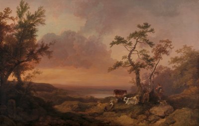 Landschap met vee en boer door Philippe Jacques de Loutherbourg